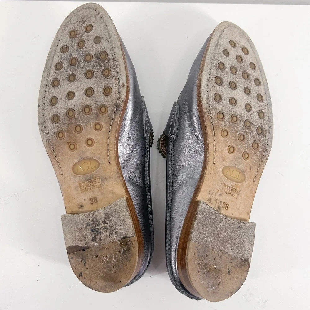 AGL Attilio Giusti Leombruni Silver Metallic Leather Slip On Loafers Size 6